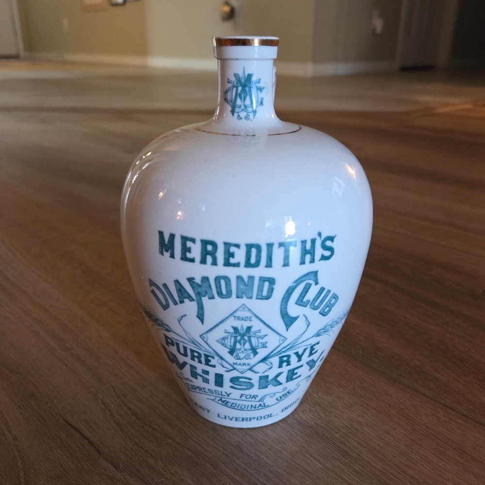 Meredith's Diamond Club Rye‎ Whiskey Jug Pitcher K.T.&K. China Antique8.5" Tall